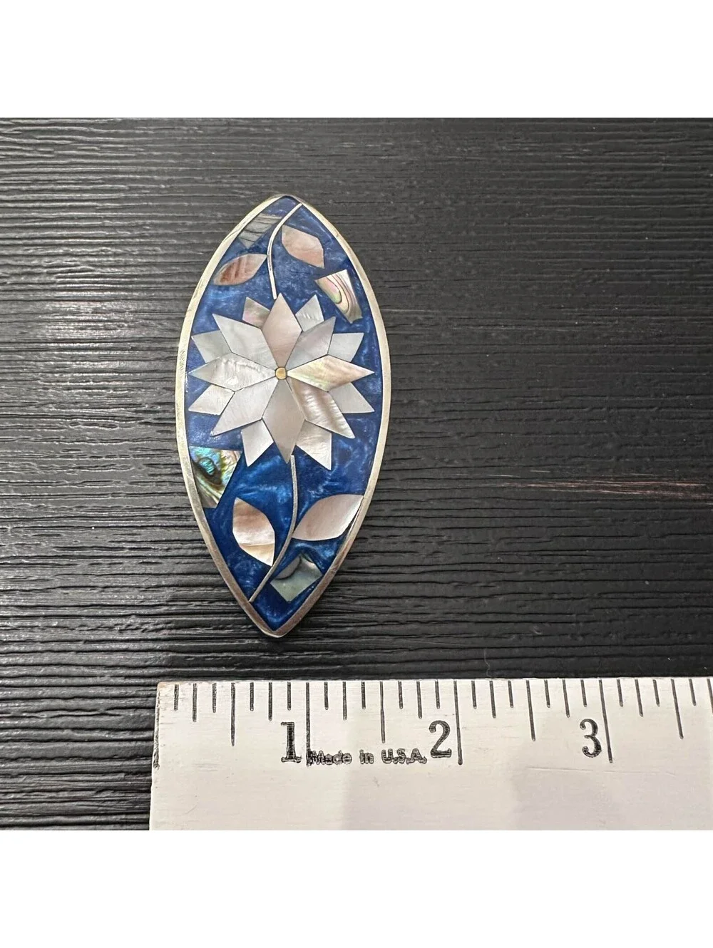 Vintage Alpaca Mexico Mother Of Pearl Abalone Inlay Floral Barrette Hair Clip